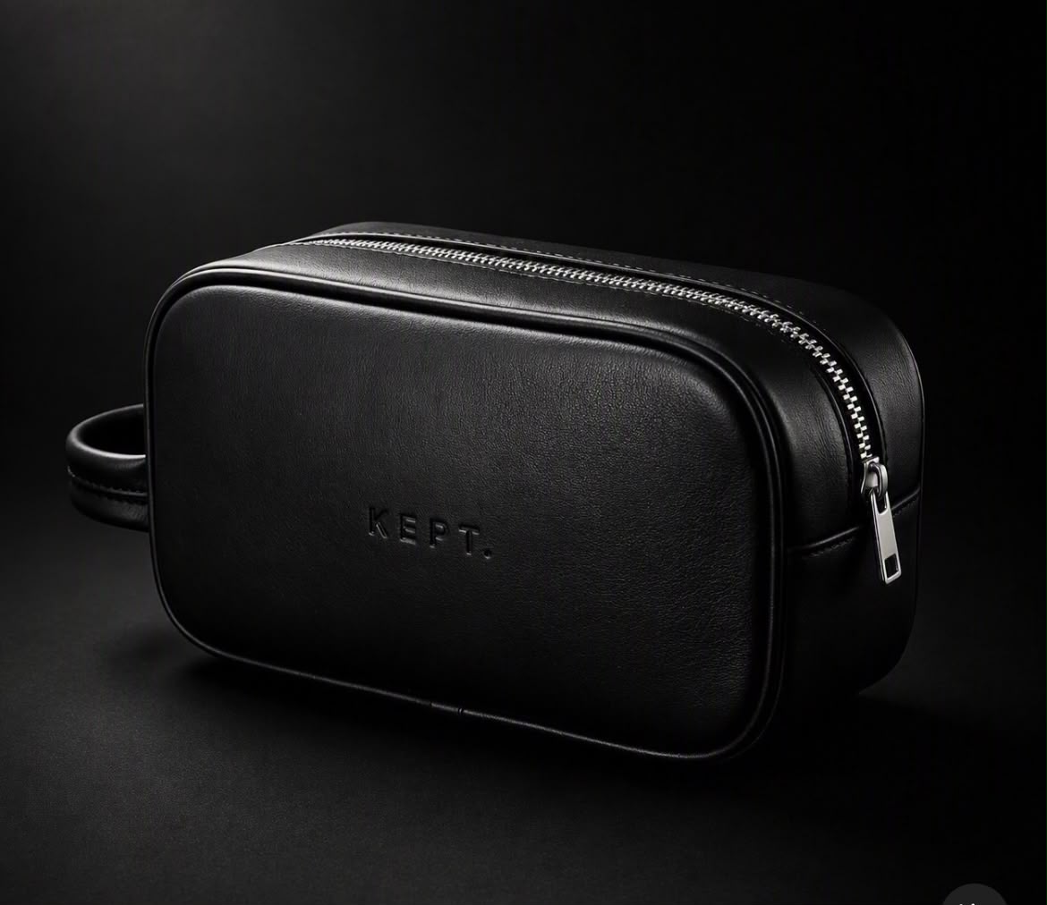 Premium black men's toiletry bag by KEPT. — minimalist design with refined materialS