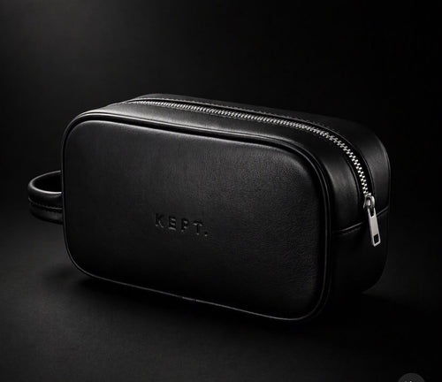 Premium black men's toiletry bag by KEPT. — minimalist design with refined materialS